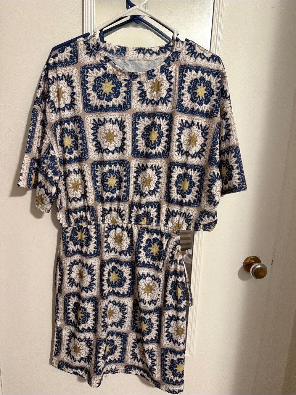 Navy and Cream Patterned Short Sleeve Mini Dress